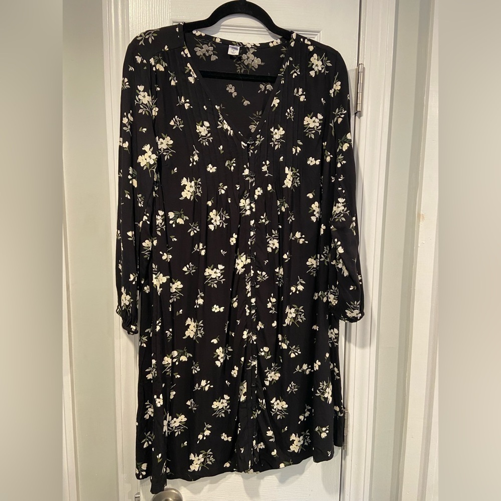 NWT Old Navy Size S Black Floral Pintuck Pleated Long Sleeve Button Mini Dress